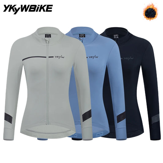 KiKis women's thermal cycling jacket set in gray blue and black with full zip and long sleeves